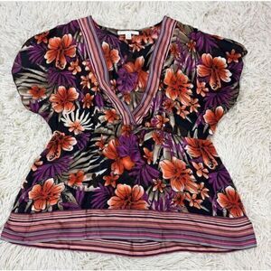 Orange, black, purple, tan and brown Hawaiian print floral blouse by JM collecti